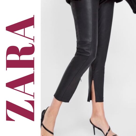 ZARA FAUX LEATHER PANTS MID RISE ANKLE ZIP BLACK GOTHCORE BIKER STREETWEAR, MED - Picture 6 of 16